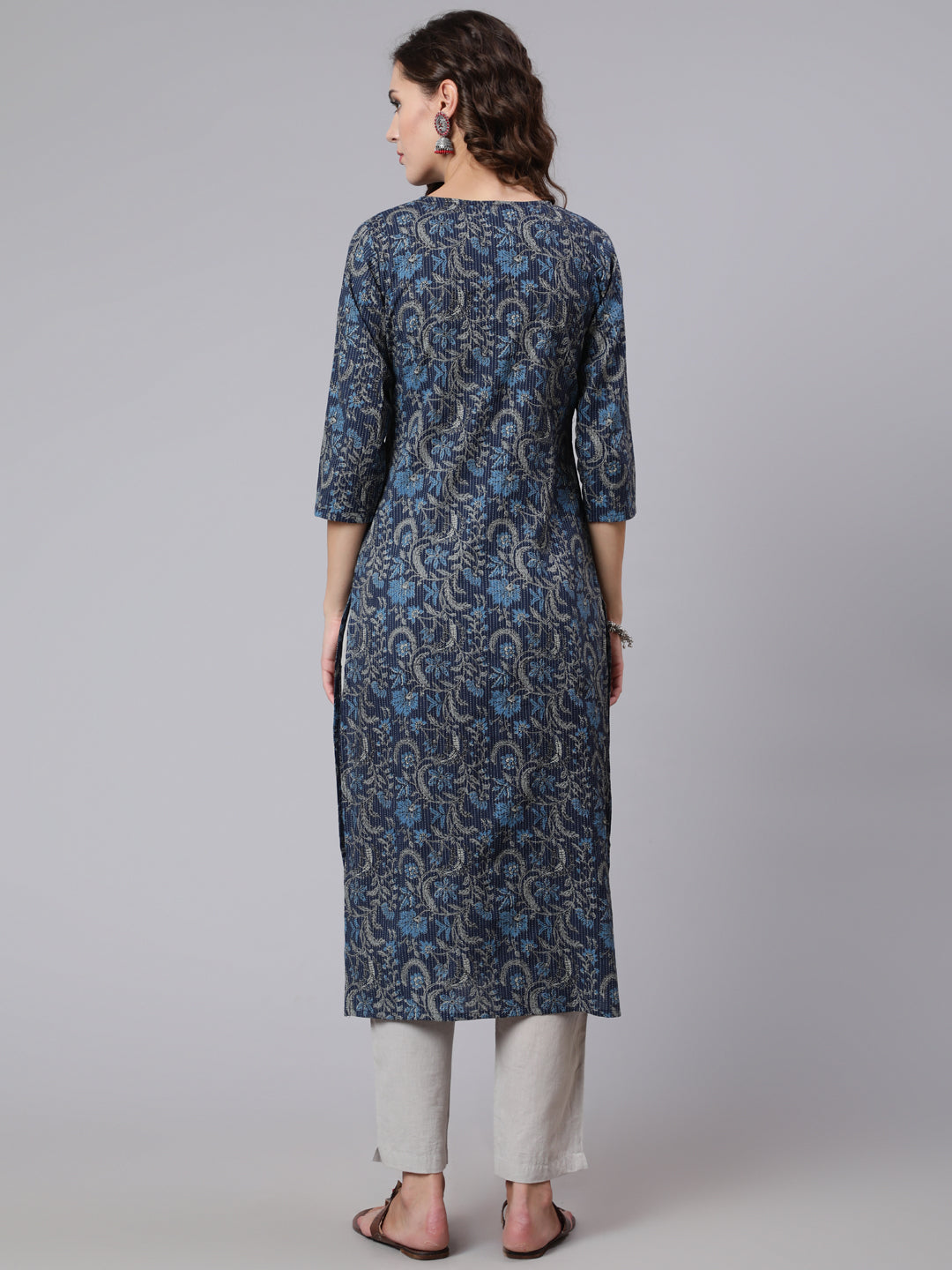 Women Navy Blue Printed Straight Kurta With Three Quarter Sleeves | LASVINI - Redefining Indian Fashion with Elegance