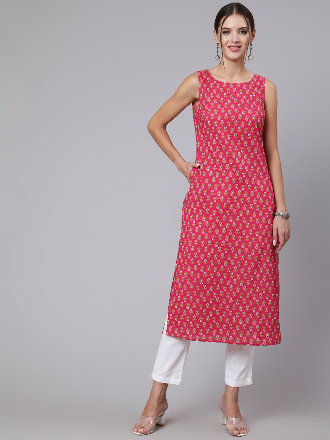 Women Pink Ethnic Printed Straight Sleeveless Kurta | LASVINI - Redefining Indian Fashion with Elegance