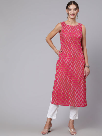 Women Pink Ethnic Printed Straight Sleeveless Kurta | LASVINI - Redefining Indian Fashion with Elegance