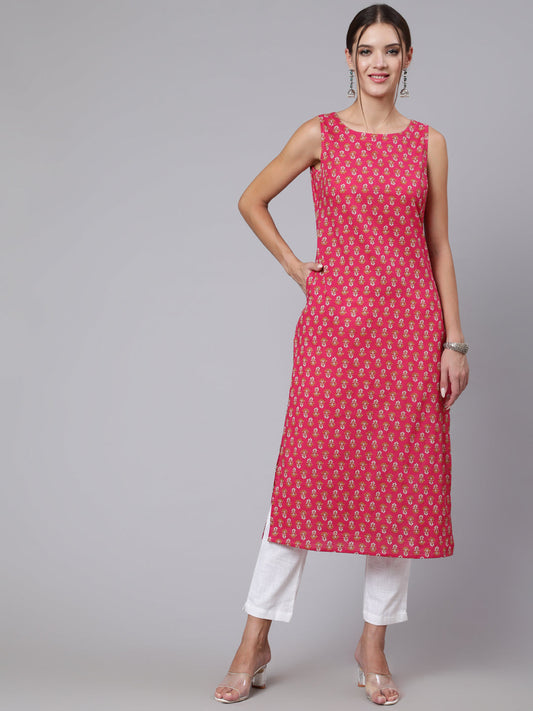 Women Pink Ethnic Printed Straight Sleeveless Kurta | LASVINI - Redefining Indian Fashion with Elegance