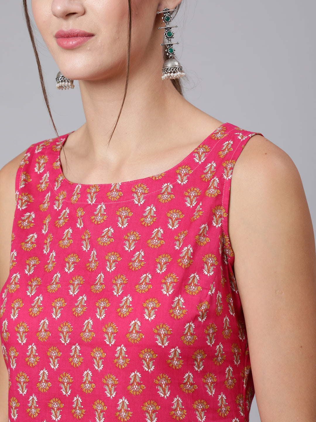 Women Pink Ethnic Printed Straight Sleeveless Kurta | LASVINI - Redefining Indian Fashion with Elegance