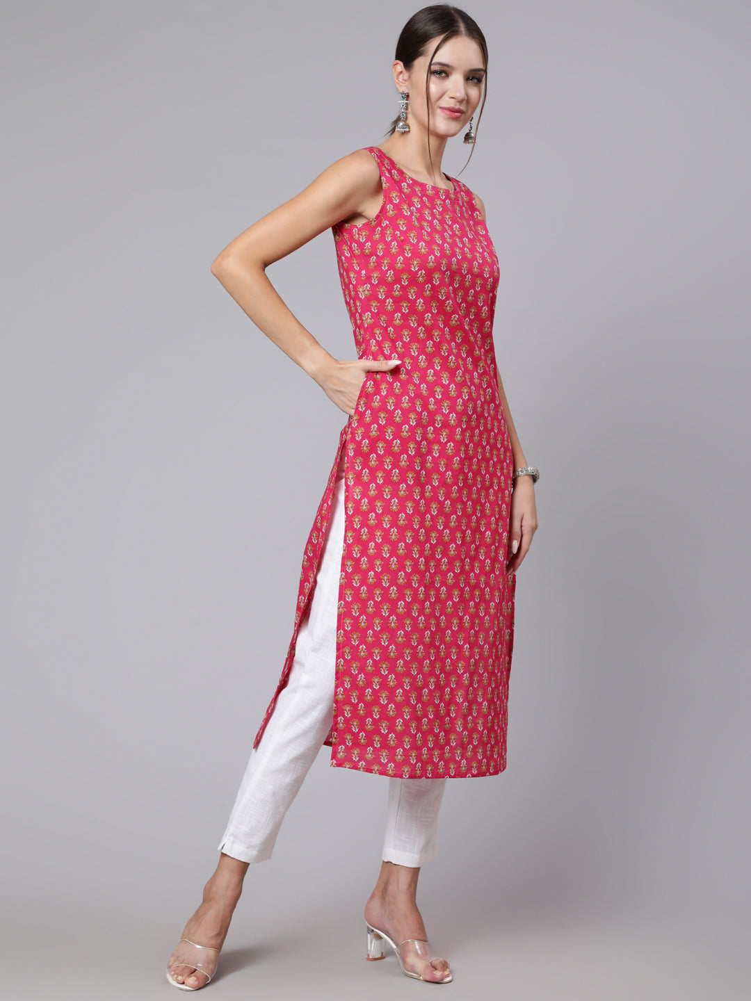 Women Pink Ethnic Printed Straight Sleeveless Kurta | LASVINI - Redefining Indian Fashion with Elegance