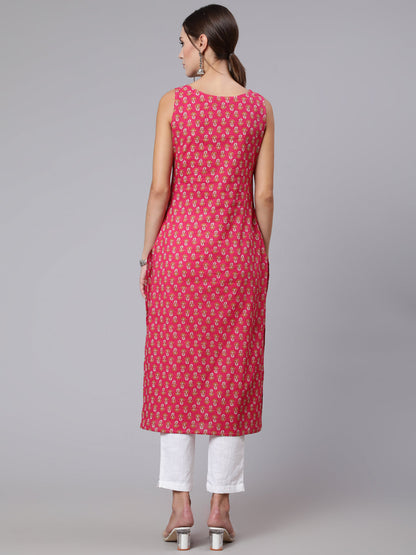 Women Pink Ethnic Printed Straight Sleeveless Kurta | LASVINI - Redefining Indian Fashion with Elegance