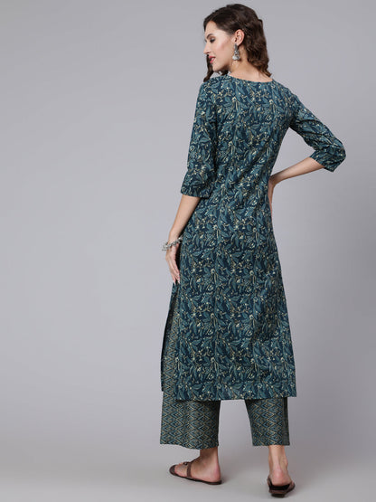 Women Teal Blue Printed Ethnic Kurta With Palazzo | LASVINI - Redefining Indian Fashion with Elegance