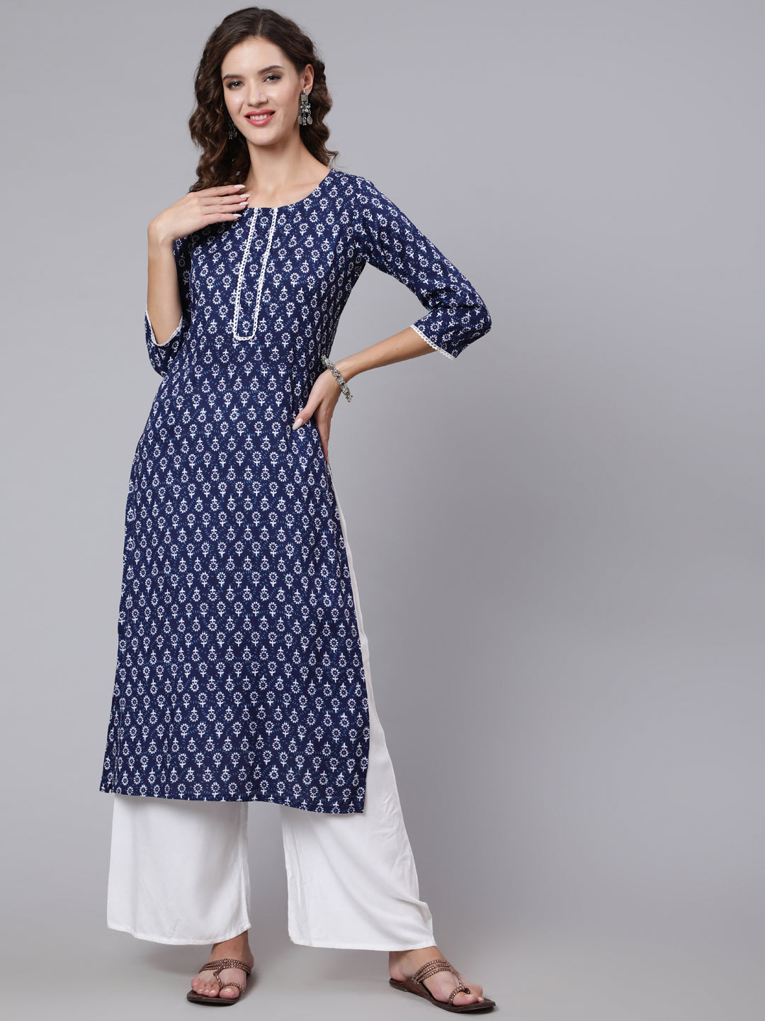 Women Blue Printed Straight Kurta With Three Quarter Sleeves | LASVINI - Redefining Indian Fashion with Elegance