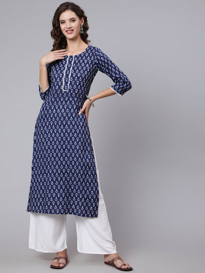 Women Blue Printed Straight Kurta With Three Quarter Sleeves | LASVINI - Redefining Indian Fashion with Elegance