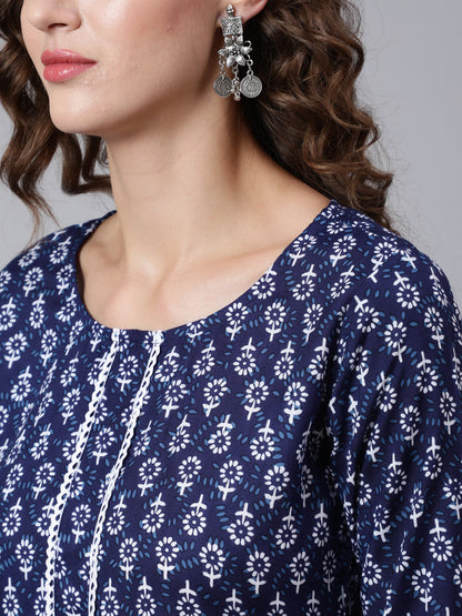 Women Blue Printed Straight Kurta With Three Quarter Sleeves | LASVINI - Redefining Indian Fashion with Elegance