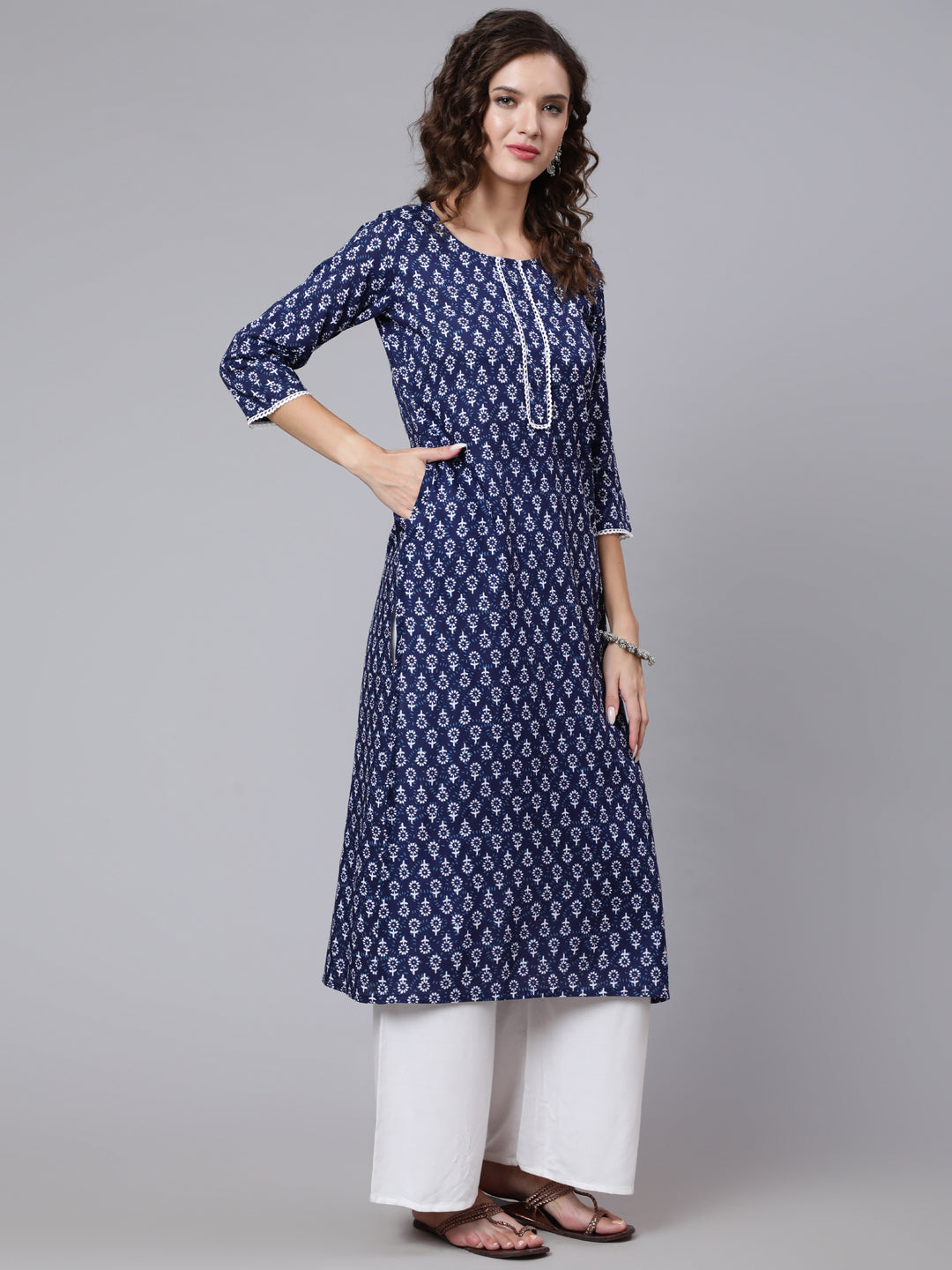 Women Blue Printed Straight Kurta With Three Quarter Sleeves | LASVINI - Redefining Indian Fashion with Elegance