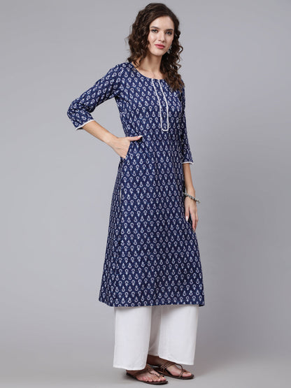 Women Blue Printed Straight Kurta With Three Quarter Sleeves | LASVINI - Redefining Indian Fashion with Elegance