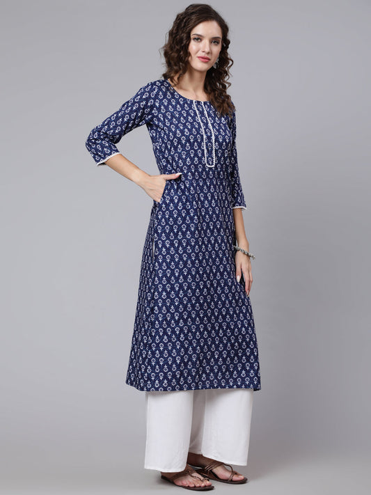 Women Blue Printed Straight Kurta With Three Quarter Sleeves | LASVINI - Redefining Indian Fashion with Elegance