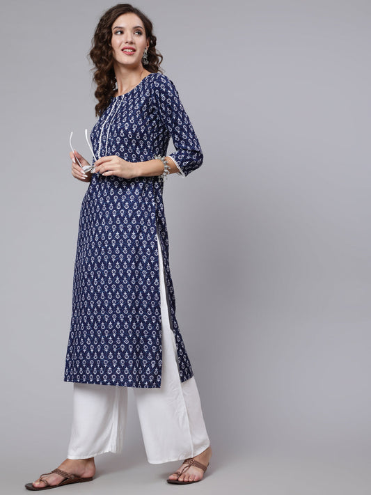 Women Blue Printed Straight Kurta With Three Quarter Sleeves | LASVINI - Redefining Indian Fashion with Elegance