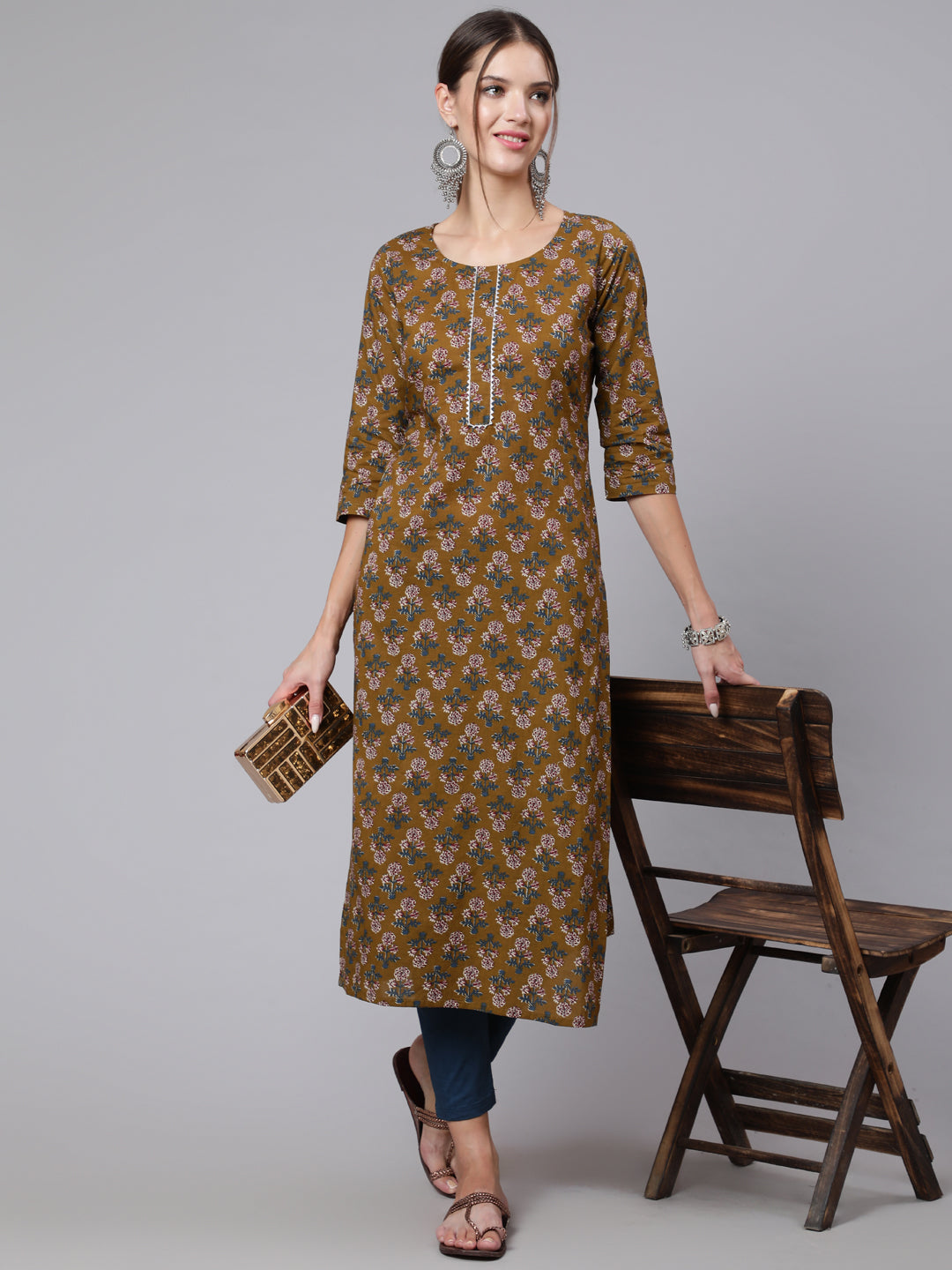 Women Brown Printed Straight Kurta With Three Quarter Sleeves | LASVINI - Redefining Indian Fashion with Elegance