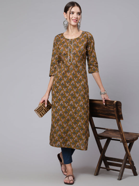 Women Brown Printed Straight Kurta With Three Quarter Sleeves | LASVINI - Redefining Indian Fashion with Elegance