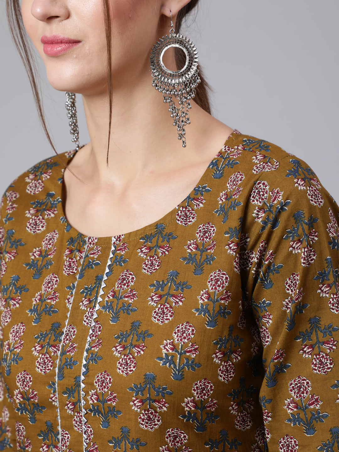 Women Brown Printed Straight Kurta With Three Quarter Sleeves | LASVINI - Redefining Indian Fashion with Elegance