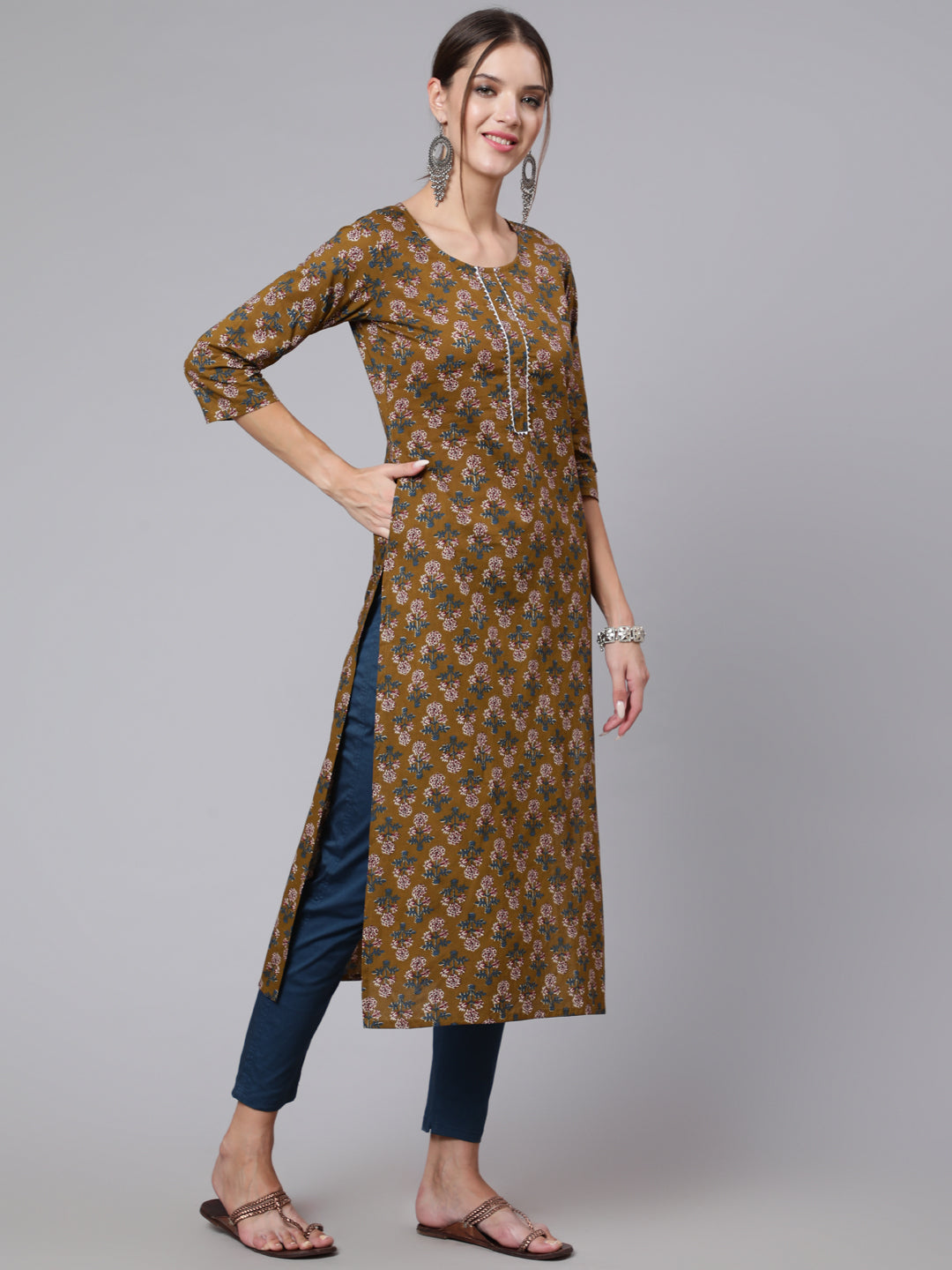 Women Brown Printed Straight Kurta With Three Quarter Sleeves | LASVINI - Redefining Indian Fashion with Elegance
