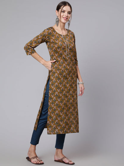 Women Brown Printed Straight Kurta With Three Quarter Sleeves | LASVINI - Redefining Indian Fashion with Elegance