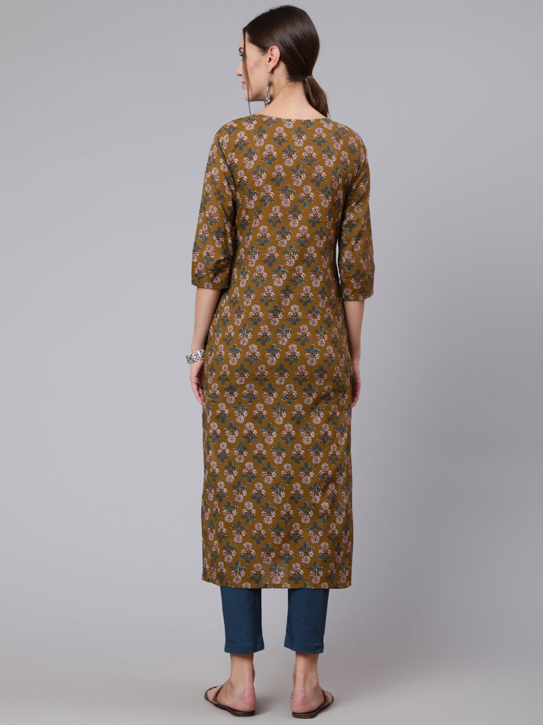 Women Brown Printed Straight Kurta With Three Quarter Sleeves | LASVINI - Redefining Indian Fashion with Elegance