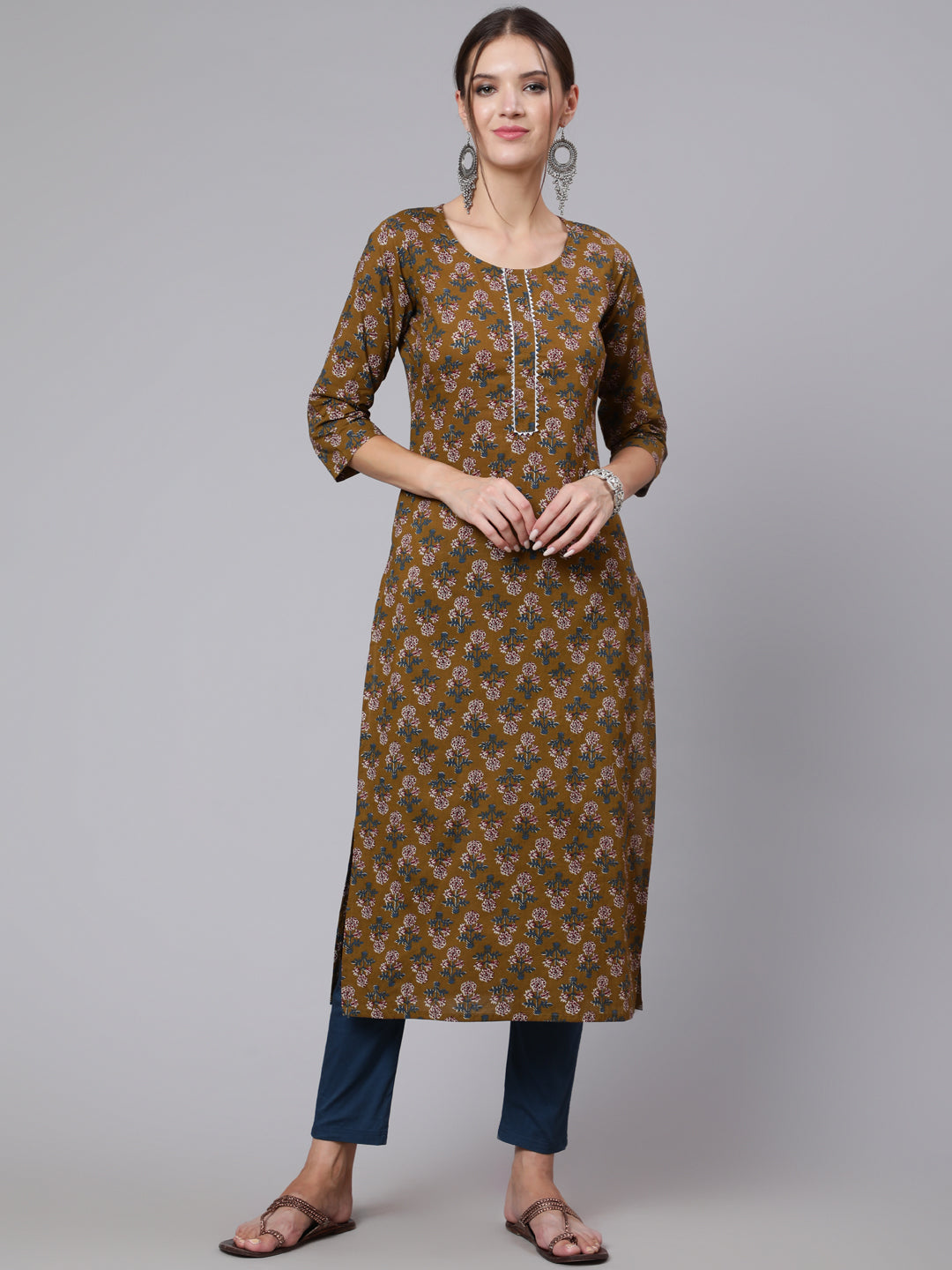 Women Brown Printed Straight Kurta With Three Quarter Sleeves | LASVINI - Redefining Indian Fashion with Elegance