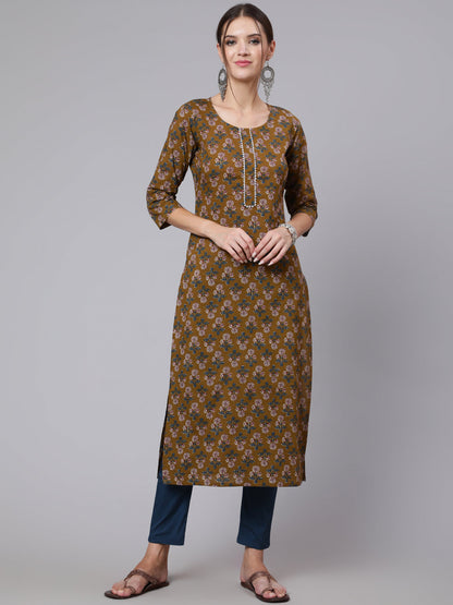 Women Brown Printed Straight Kurta With Three Quarter Sleeves | LASVINI - Redefining Indian Fashion with Elegance