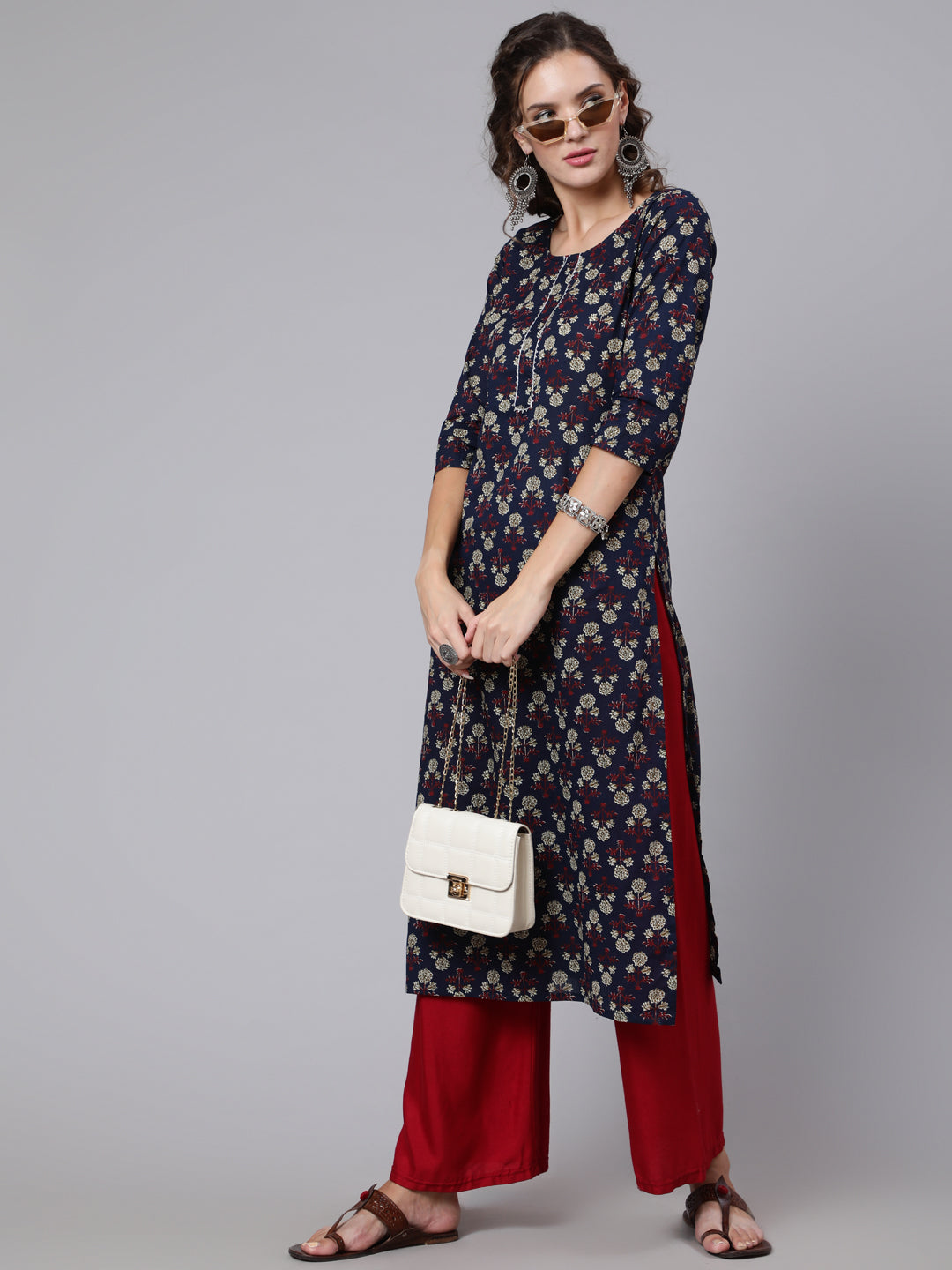 Women Navy Blue Printed Straight Kurta With Three Quarter Sleeves | LASVINI - Redefining Indian Fashion with Elegance