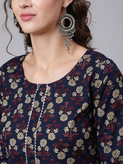 Women Navy Blue Printed Straight Kurta With Three Quarter Sleeves | LASVINI - Redefining Indian Fashion with Elegance