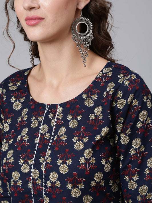 Women Navy Blue Printed Straight Kurta With Three Quarter Sleeves | LASVINI - Redefining Indian Fashion with Elegance