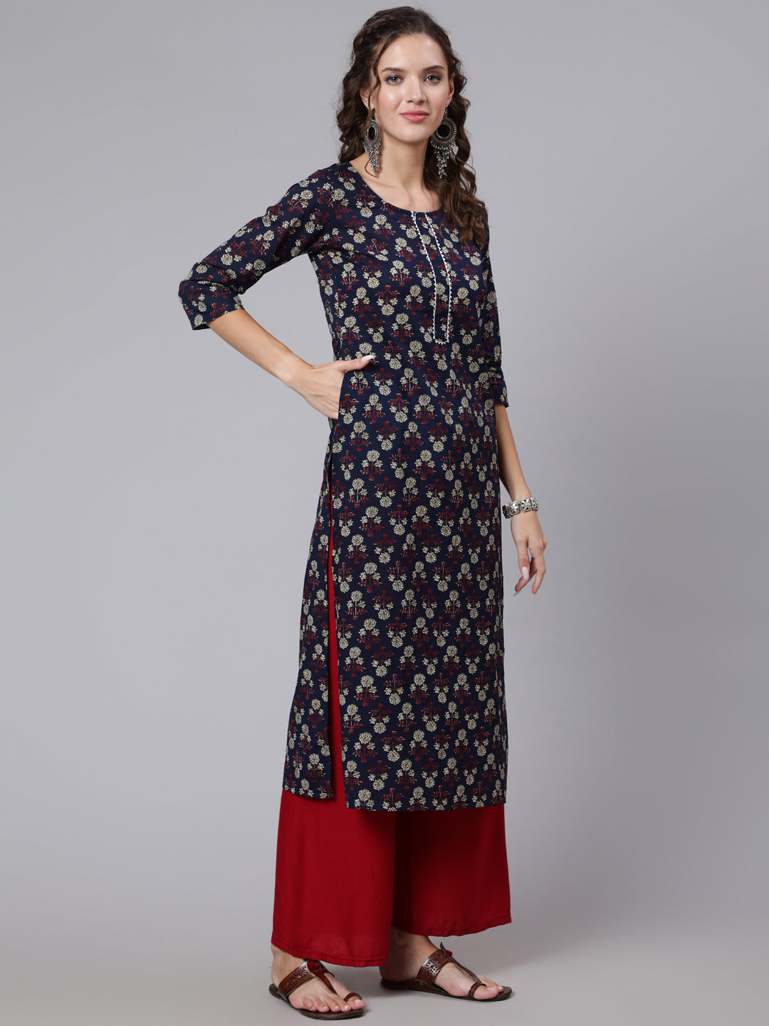 Women Navy Blue Printed Straight Kurta With Three Quarter Sleeves | LASVINI - Redefining Indian Fashion with Elegance