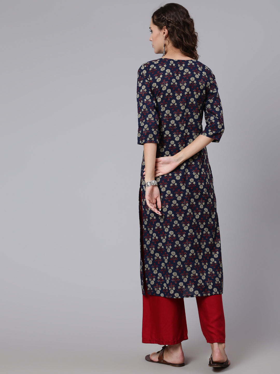 Women Navy Blue Printed Straight Kurta With Three Quarter Sleeves | LASVINI - Redefining Indian Fashion with Elegance