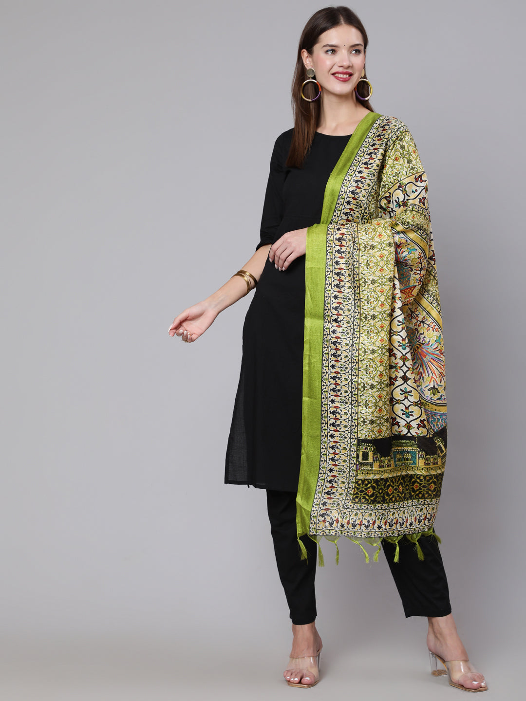 Women Black Solid Kurta And Palazzo With Printed Dupatta | LASVINI - Redefining Indian Fashion with Elegance