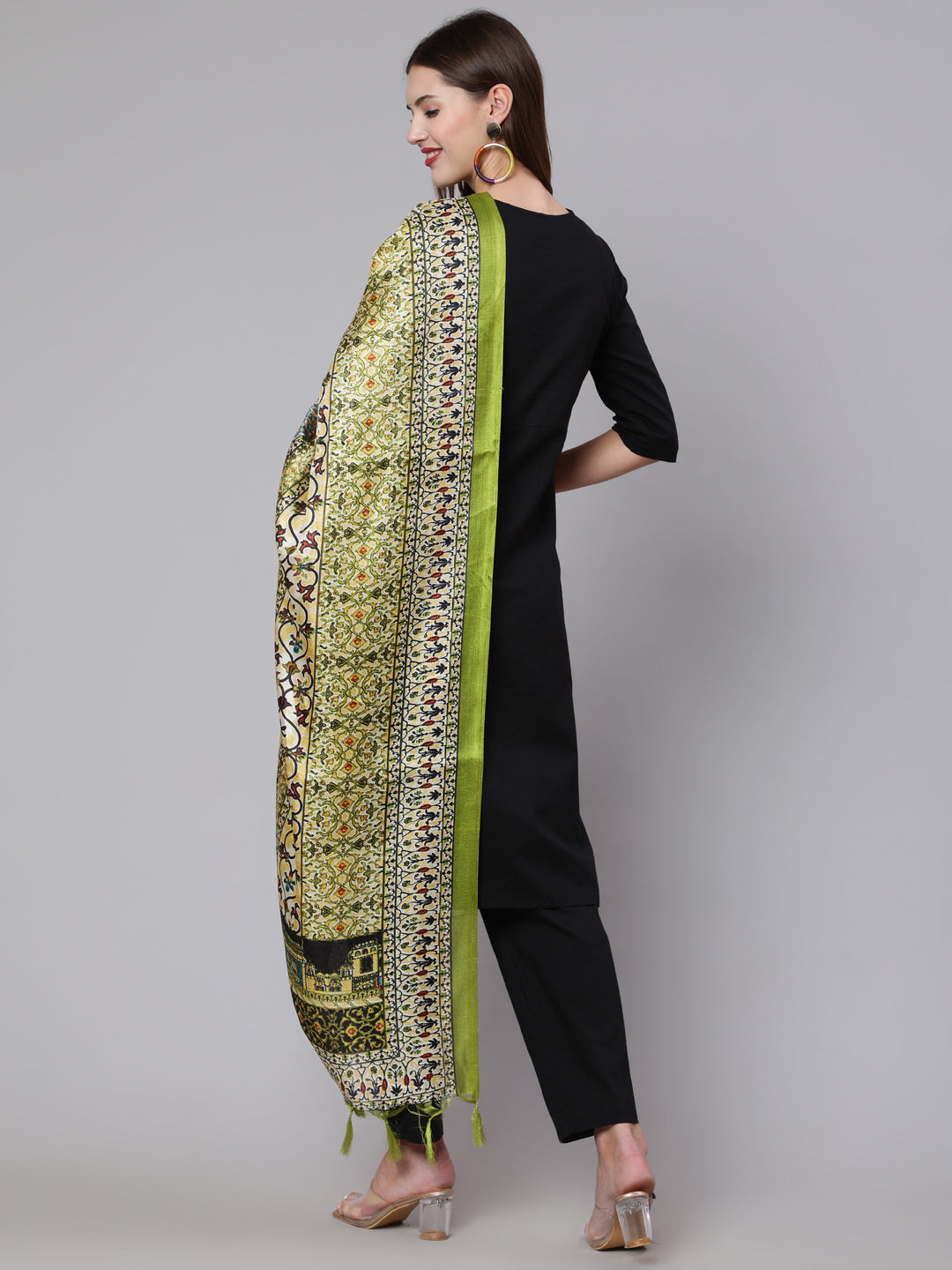 Women Black Solid Kurta And Palazzo With Printed Dupatta | LASVINI - Redefining Indian Fashion with Elegance