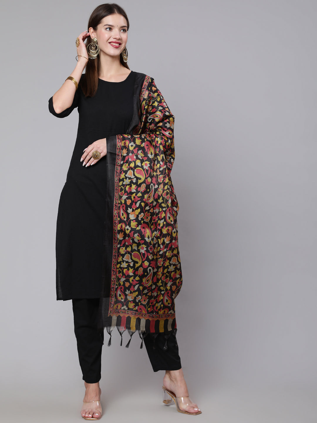 Women Black Solid Kurta And Palazzo With Printed Dupatta | LASVINI - Redefining Indian Fashion with Elegance
