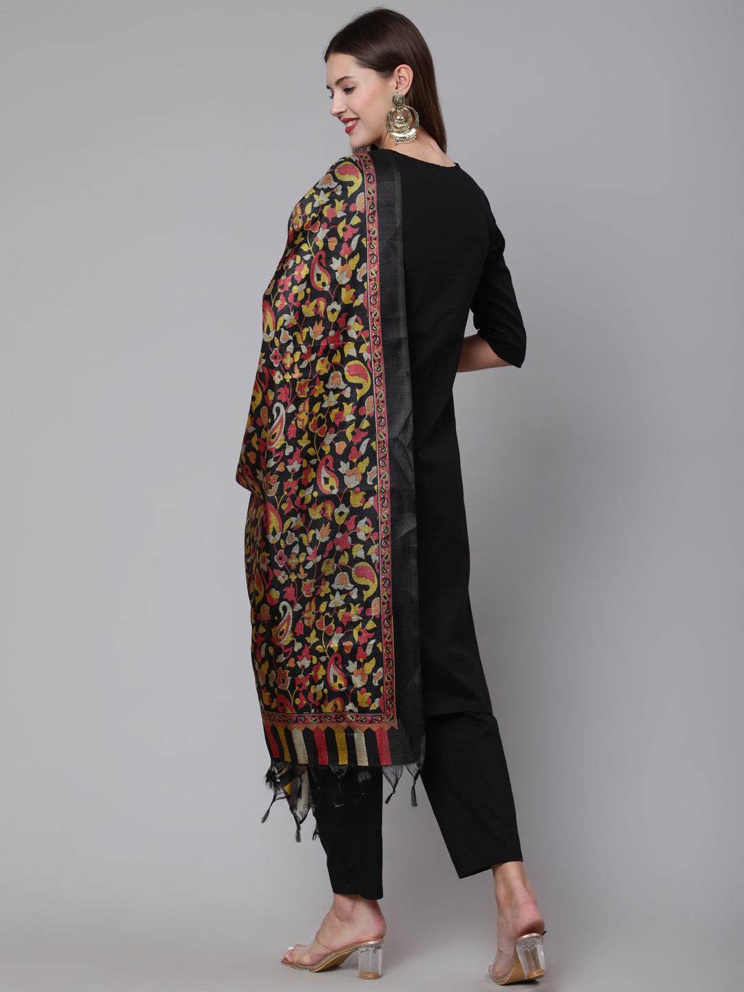 Women Black Solid Kurta And Palazzo With Printed Dupatta | LASVINI - Redefining Indian Fashion with Elegance