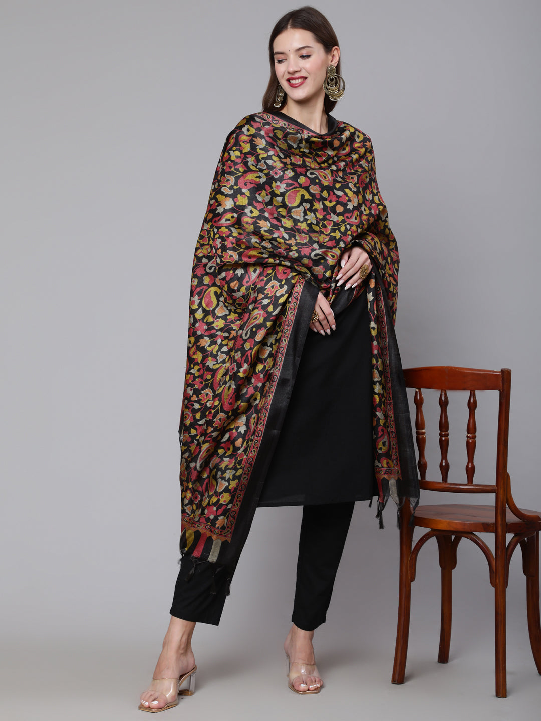 Women Black Solid Kurta And Palazzo With Printed Dupatta | LASVINI - Redefining Indian Fashion with Elegance