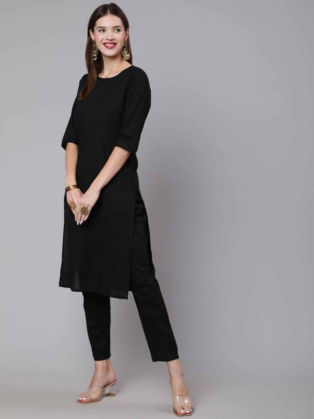 Women Black Solid Kurta And Palazzo With Printed Dupatta | LASVINI - Redefining Indian Fashion with Elegance