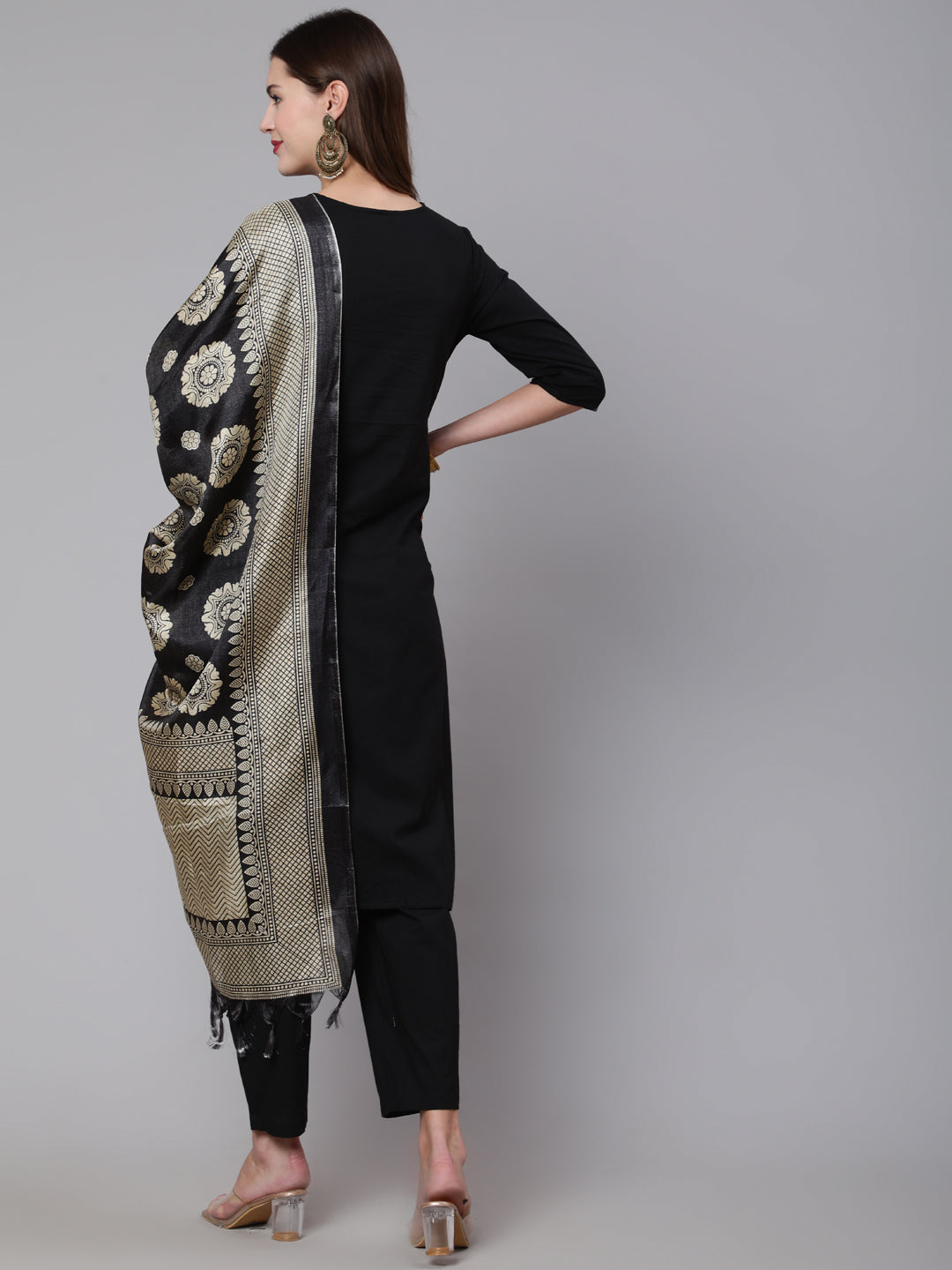 Women Black Solid Kurta And Palazzo With Printed Dupatta | LASVINI - Redefining Indian Fashion with Elegance