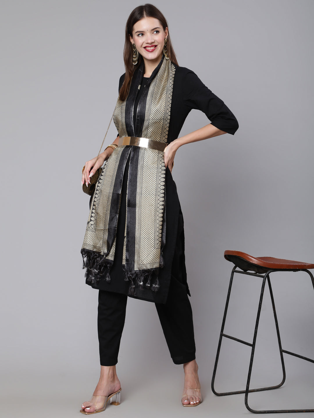Women Black Solid Kurta And Palazzo With Printed Dupatta | LASVINI - Redefining Indian Fashion with Elegance