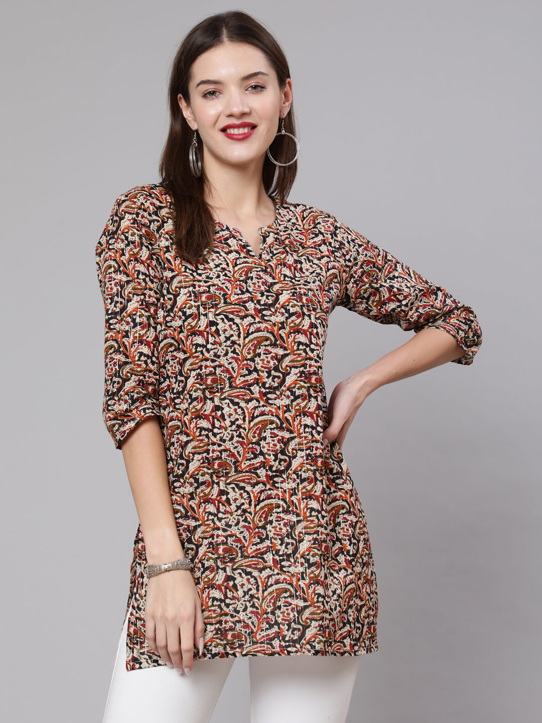 Women Multi Ethnic Printed Straight Tunic With Three Quarter Sleeves | LASVINI - Redefining Indian Fashion with Elegance