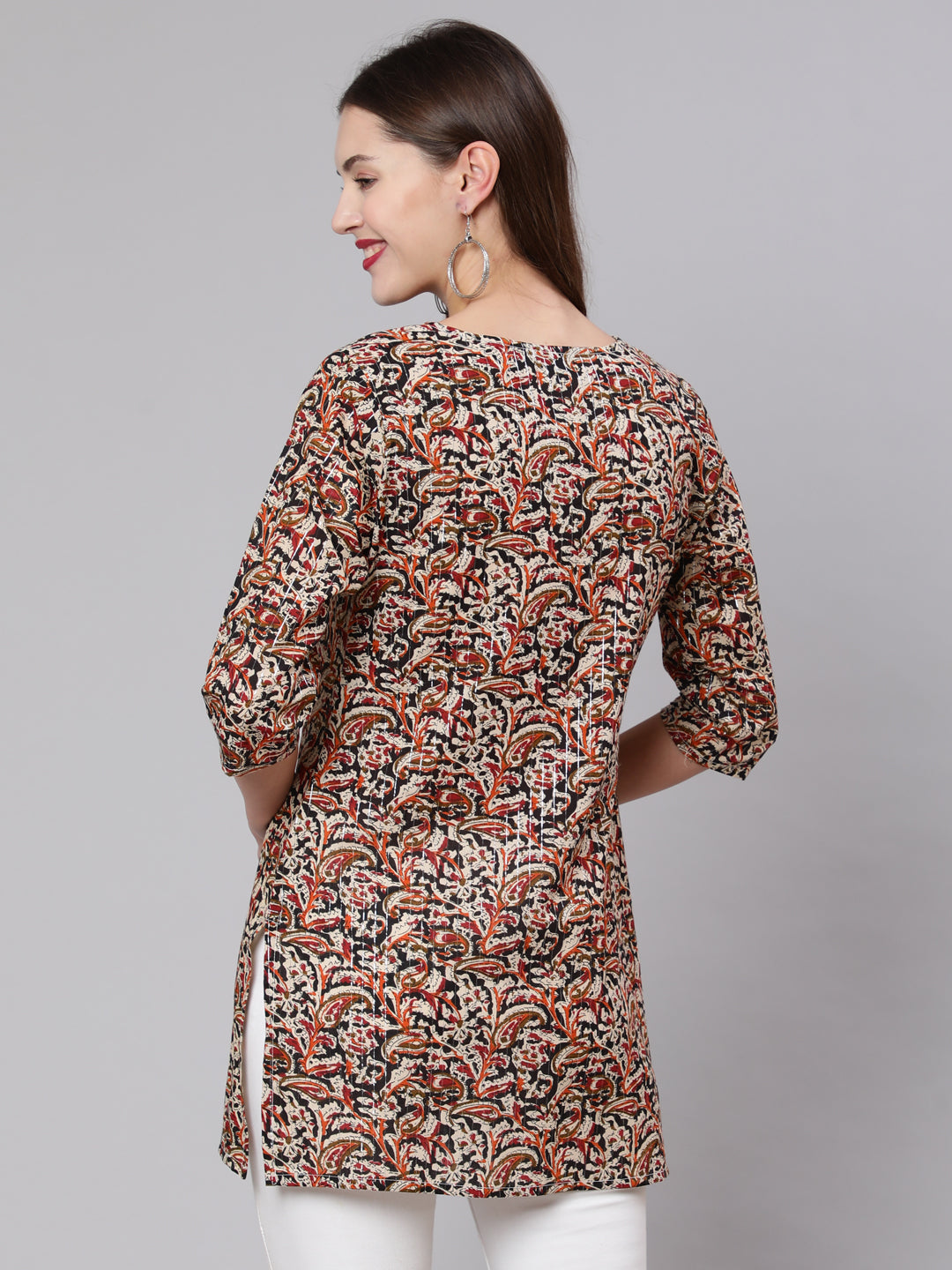 Women Multi Ethnic Printed Straight Tunic With Three Quarter Sleeves | LASVINI - Redefining Indian Fashion with Elegance