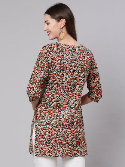 Women Multi Ethnic Printed Straight Tunic With Three Quarter Sleeves | LASVINI - Redefining Indian Fashion with Elegance