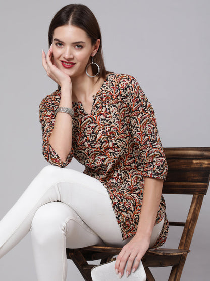 Women Multi Ethnic Printed Straight Tunic With Three Quarter Sleeves | LASVINI - Redefining Indian Fashion with Elegance