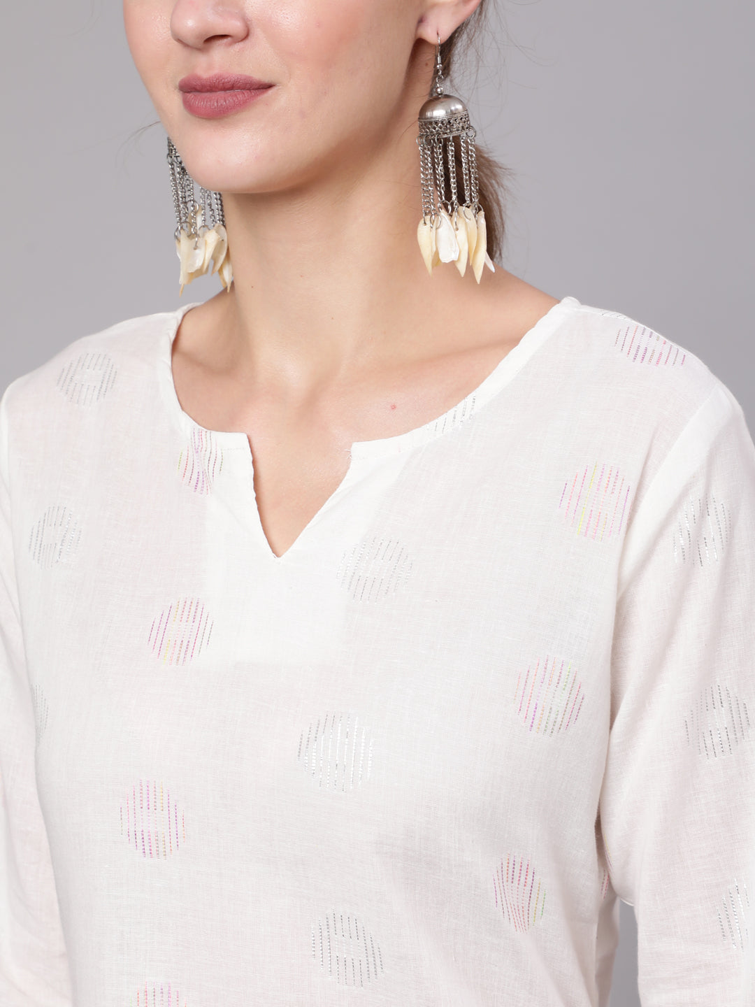 Women White Printed Straight Tunic With Three Quarter Sleeves | LASVINI - Redefining Indian Fashion with Elegance