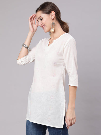 Women White Printed Straight Tunic With Three Quarter Sleeves | LASVINI - Redefining Indian Fashion with Elegance