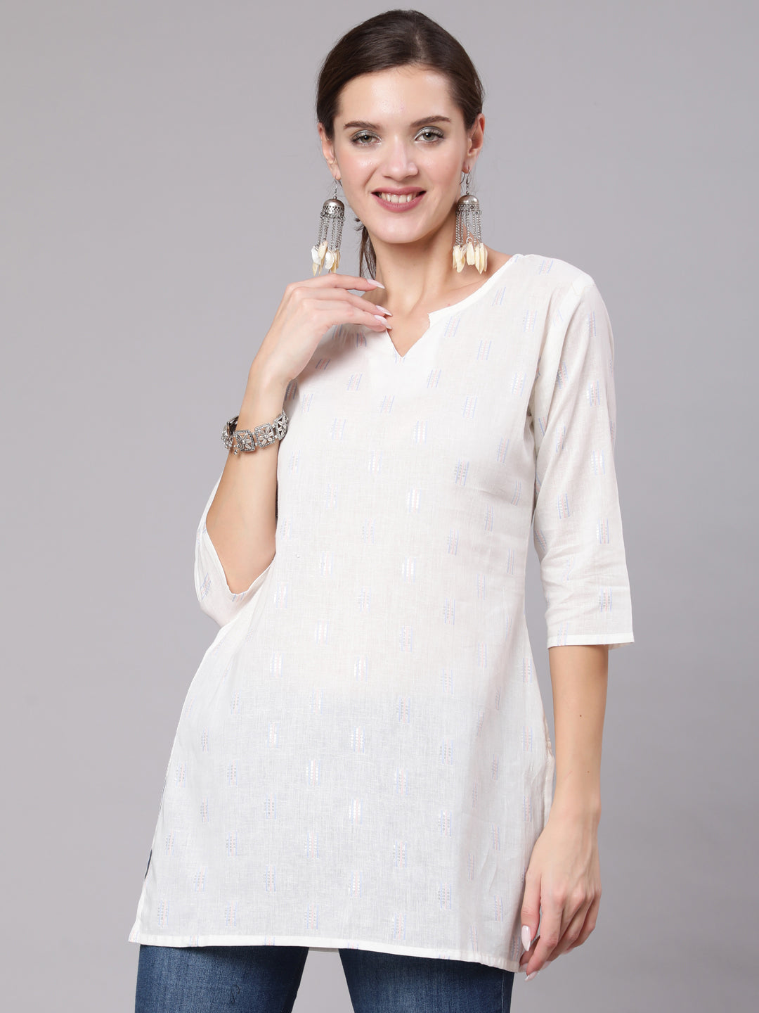 Women White Printed Straight Tunic With Three Quarter Sleeves | LASVINI - Redefining Indian Fashion with Elegance