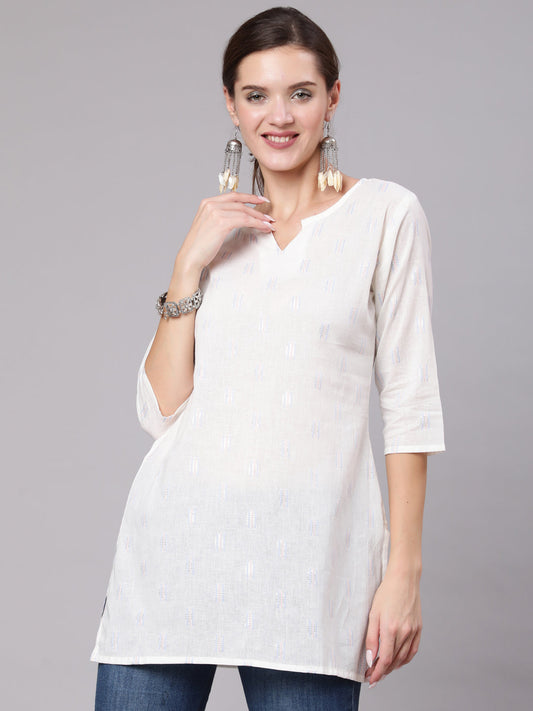Women White Printed Straight Tunic With Three Quarter Sleeves | LASVINI - Redefining Indian Fashion with Elegance