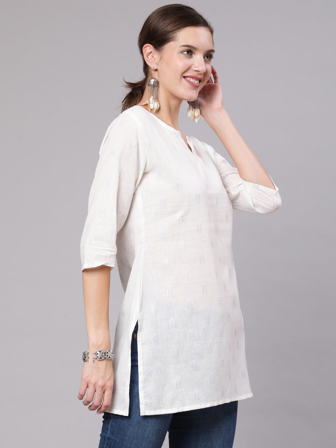 Women White Printed Straight Tunic With Three Quarter Sleeves | LASVINI - Redefining Indian Fashion with Elegance