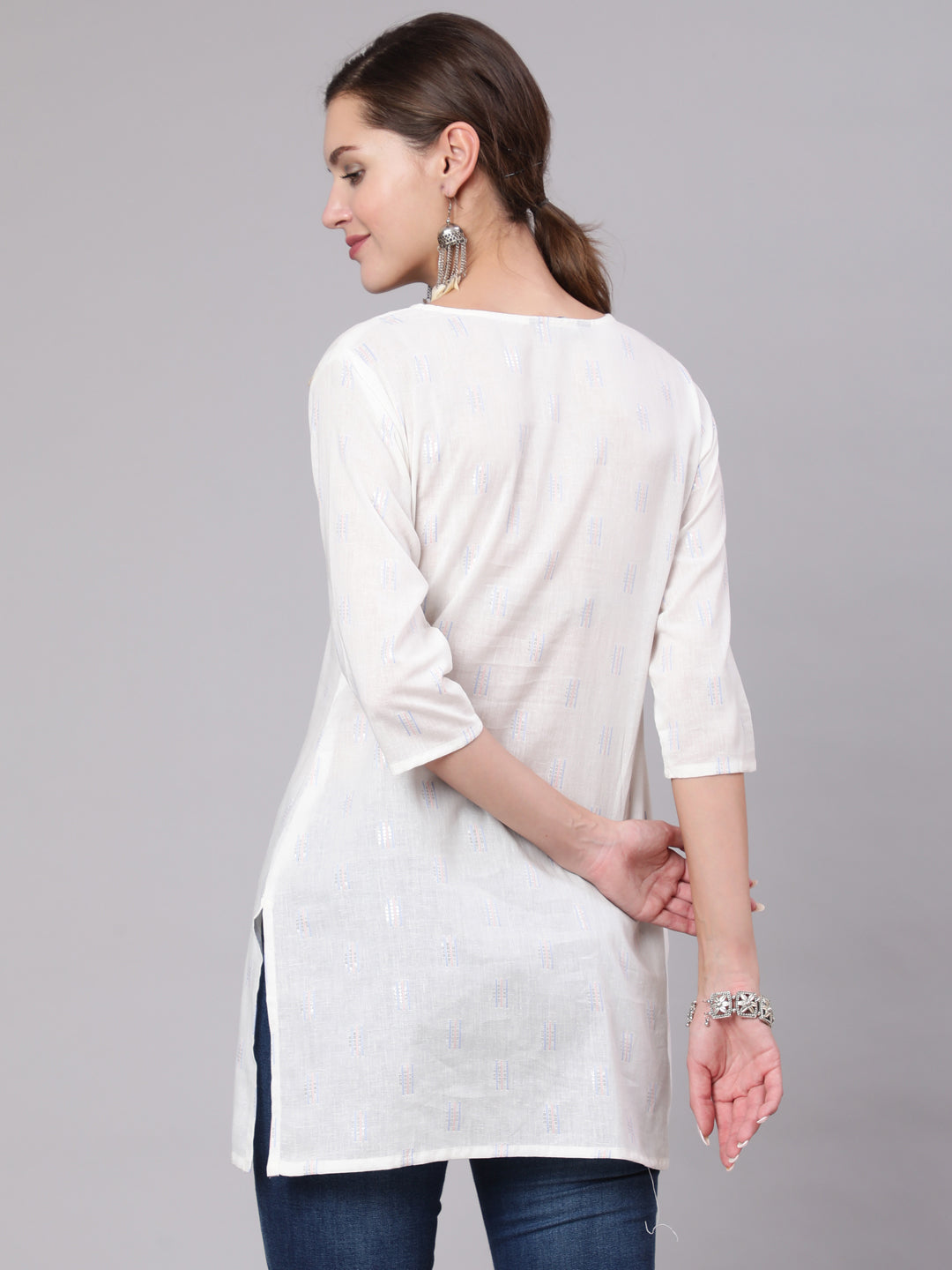 Women White Printed Straight Tunic With Three Quarter Sleeves | LASVINI - Redefining Indian Fashion with Elegance