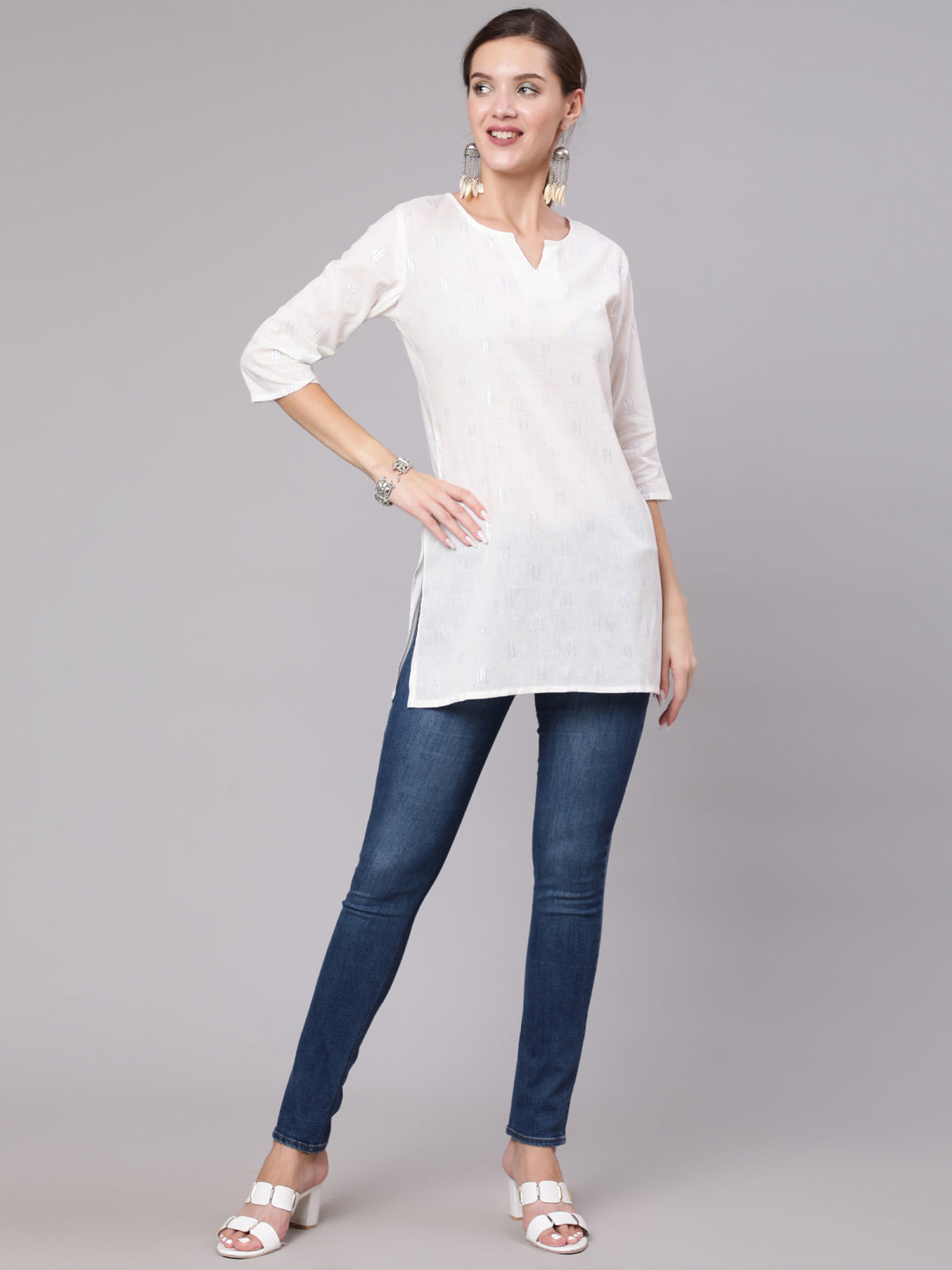 Women White Printed Straight Tunic With Three Quarter Sleeves | LASVINI - Redefining Indian Fashion with Elegance