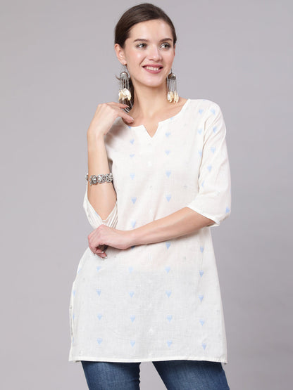 Women White Printed Straight Tunic With Three Quarter Sleeves | LASVINI - Redefining Indian Fashion with Elegance