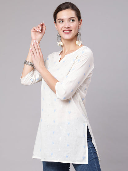 Women White Printed Straight Tunic With Three Quarter Sleeves | LASVINI - Redefining Indian Fashion with Elegance