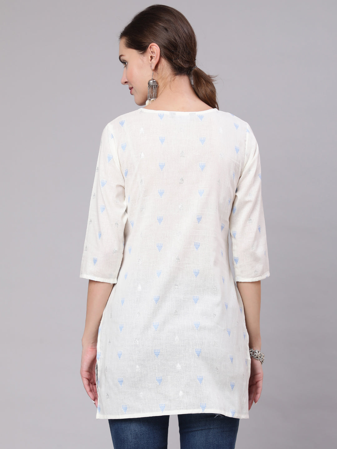 Women White Printed Straight Tunic With Three Quarter Sleeves | LASVINI - Redefining Indian Fashion with Elegance